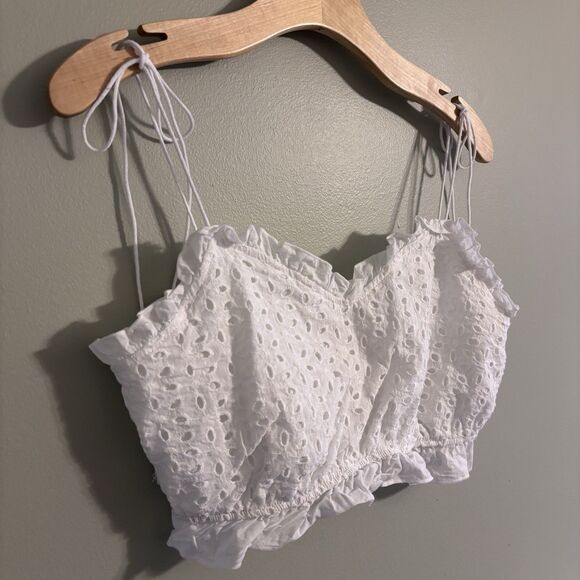 White Eyelet Lace Crop Tank Top Ruffle Boho Festival Fairy Size Large - Picture 2 of 8